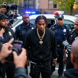 rapper leaving a police station surrounded by paparazzi and fans after being arrested, ultra detailed, photorealistic, dynamic light