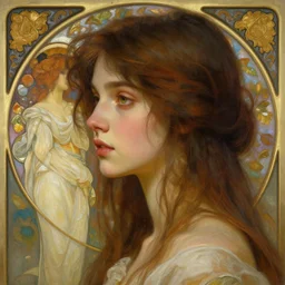 Girl in love, subtle, looking far , highly detailed, digital painting, artstation, concept art, sharp focus, art by artgerm and greg rutkowski and alphonse mucha