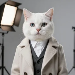 a white cat wearing a formal overcoat, hyperrealistic, concept art, octane render, unreal engine 5, trending on DeviantArt, highly detailed, high quality, 8K, soft lighting, cute, studio background, studio lighting, realistic face, trending on Artstation, elegant clothes