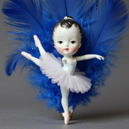 surreal art of porcelain doll face on a ballerina body with blue feather in background, retro