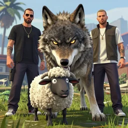 angry wolf with light eyes biting a sheep, by dave rapoza and gta v h 7 6 8