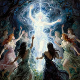 john william godward painting of people summoning and raising magical glowing spirit, yoshitaka amano, louise zhang,