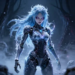 photorealistic full body shot of masterpiece!! angry darkness android anime girl!!, beautifull lovely eyes, electric aura with particles, snowing frozen ice, darkness background, inspired by tim burton, detailed, unreal engine 4 k, volumetric light, fog