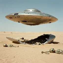 A crashed flying saucer in the desert. alien bodies. 1940s photograph.