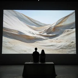 the pair are standing in front of a giant projection on wavering fabric, they're silhouetted as they stand small against the large photo / video as the fabric billows the table is also in the frame
