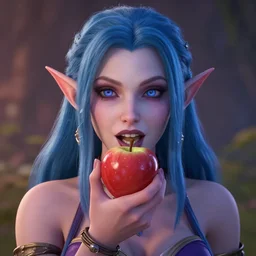 A female tiefling eating a candied apple