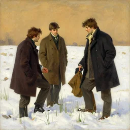 handsome men reminisce about the end of winter in a meadow, new grass just begins to poke out of the snow, warm colors, hard angles, painting by gaston bussiere, craig mullins, j. c. leyendecker