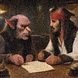 a goblin with a large nose and a pirate with a bandana negotiating a contract with Micheal Morbius in a Western saloon.