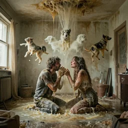 a photograph of a man and a woman in a disgustingly filthy vomit filled apartment, submerged in vomit, they are mouldy and obviously intoxicated. they have merged with the walls and ceiling, levitating above a cloud of nebulous dogs