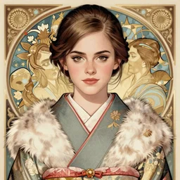 asian emma watson wearing furisode, portrait, symmetric, intricate, highly detailed, concept art, sharp focus, illustration, aleksi briclot, rutkowski, mucha