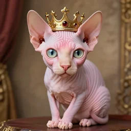 pink sphinx cat with a crown, renaissance style