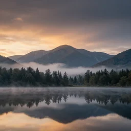 landscape photography by marc adamus, wide angle, mountains, mist, reflections, trees, dramatic lighting, sunset, dramatic sky
