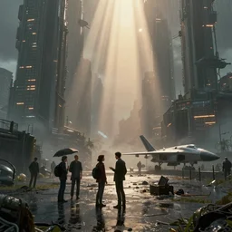 A landscape with a dystopian city, rain, puddles, oil, people are talking in the foreground, volumetric lighting, ray lighting from top of frame, crepuscular ray lighting from above, dynamic lighting, muted colors, by Greg rutkowski, thomas kinkade, Andreas rocha, john howe, pixar, f16, hd, 8k