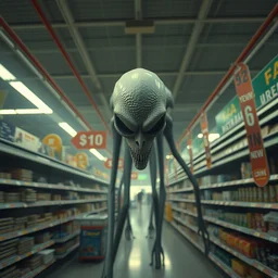 zoomed elevated pov portrait of ominous slenderman kaiju in dystopian walmart, kim - jung - gi, nicoletta ceccoli, mark ryden, lostfish, hyung tae, frank frazetta, depth of field, detailed and liminalism, weirdcore environment, 8 k resolution, hyperrealistic, octane render