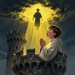 Close up of a terrified young catholic priest at the top of a medieval tower watching as an ominous yellow shadow descends upon him from the night sky. He is seen from above fervently praying. Dramatic lighting. Award-winning digital art, trending on ArtStation