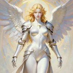 pin - up poster of a valkyrie, skintight heavy armor, wings, heroic, celestial - themed, white skin, golden hair, golden eyes, shapely derriere, dnd, highly detailed, two arms, detailed face, smooth, sharp focus, pastel painting, by artgerm and greg rutkowski and alphonse mucha