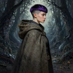 side portrait rugged girl, adventurer outfit large cloak, fantasy forest landscape, dragon scales, fantasy magic, undercut hairstyle, short purple black fade hair, dark light night, intricate, elegant, sharp focus, illustration, highly detailed, digital painting, concept art, matte, art by bayard wu, masterpiece