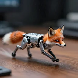action photography, long shot, dark and rainy, award winning macro photo of an ultra detailed intricate tiny robotic fox running very fast no a desk, fast shutter speed, motion blur, tiny gaussian blur, highly detailed, highly intricate, depth of field, national geographic