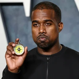 high quality photo of kanye west holding a compass confused, realism, 8k, award winning photo