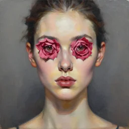 hyperrealism oil painting, fashion model portrait, rose eye sockets