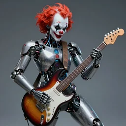 a portrait of an anthropomorphic cyberpunk clown, shredding a guitar by sandra chevrier, by jon foster, detailed render, epic composition, cybernetics, 4 k realistic, fender stratocaster, cryengine, realistic shaded lighting, sharp focus, masterpiece, by enki bilal
