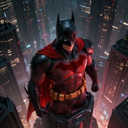 rule - of - thirds. octane render. cinematic. dc animated film. high angle.. futuristic onyx and red batman beyond looking down atop a cyberpunk gotham city building at night, highly detailed, sharp focus, unreal engine highly rendered,, radiant light, subtle light fog
