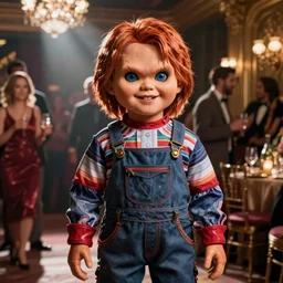 a photo of chucky with fancy clotes in a high class party