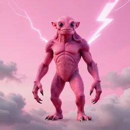 a cyclops like creature, pink summer sky with grey clouds + lighting bolt!!!, transcendent, vibrant color, clean linework, finely detailed, 4 k, trending on artstation, photorealistic, volumetric lighting, octane render