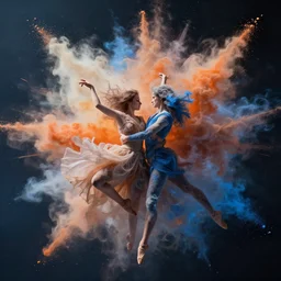 realistic render of an intricate and detailed dance duet made of smoke by zdzisław beksinski, floating in space, dream, cinematic shot, with explosions of orange and blue powder, day, aerial, 8 k render