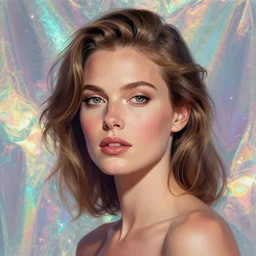 portrait of a woman inspired by lois van baarle, illustration iridescent, iridescent background, hair styles, light make up, cinematic 8 k