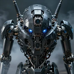 very up close portrait, of super advanced nano metal military robot armed with future technology hidden in smoke ， full face frontal centered ， mysterious eyes, with complicated metal mechanical cameras, ultra detailed wire decoration, complex black future mechanical device ， micro detail, by nixeu and guweiz weta, sleek curves, intricate sharp focus, trending on artstation hq, deviantart, pinterest