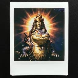 a beautiful polaroid of a crocodile headed god