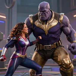 A giant embiggened Kamala Khan fighting Thanos, film still from Avengers Endgame