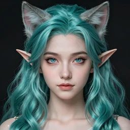 centered detailed portrait of a extremely beautiful young cat princess and elves hybrid, symmetrical, long wavy teal hair, sharp focus on the eyes, final fantasy, details, intricate, octane render, smooth face, illustration, hyperrealistic, by wlop and dmitry prozorov, artgerm, artstation,