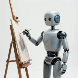 photo of anthropomorphic robot painter standing at an easel by diane arbus, black and white, high contrast, rolleiflex, 5 5 mm f / 4 lens