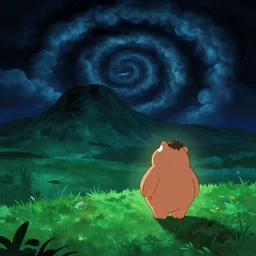 night chubby cartoon concept art, grass night spiral mountain landscape, from lorax movie, black blue green, spiral clouds, sam and max, backlight