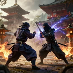 photo of an action fight scene between a samurai and a ninja, unreal engine, hyper realistic, high detail, cinematic, magic, japan, temples, beautiful lighting, smoke, fire, lightning,