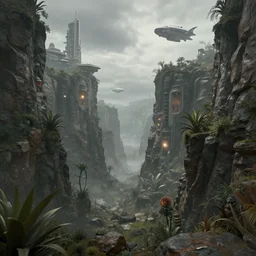 A realistic detailed photo of a futuristic canyon, alien plants, grey sky, futuristic buildings, flying ships in the background, foggy landscape, light particles, detailed light, realistic shaders, trending on artisation, detailed textures, detailed, realistic.