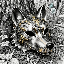an ornate wolf mask made of brushed titanium , detailed with black filagree and goldleaf decorative elements , sitting on the forrest floor with vegetation growing up around it , ink lineart by peter mohrbacher , painstaking detail , black lacquer , glossy shiny reflective , splashed with graffiti art
