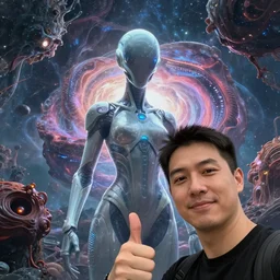 close offset portrait with subject in bottom right corner looking at viewer. giving a thumbsup!!!!! to the camera. smartphone photo. instagram. interdimensional cosmic traveler takes a selfie in front of a bizarre exotic anomaly. futuristic alien smooth exosuit designed by. octane cg render, hdr, volumetric. artgerm, beeple.