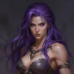 portrait of a beautiful barbarian woman with long purple hair, muscular, wild, upper body, D&D, fantasy, intricate, cinematic lighting, highly detailed, digital painting, artstation, concept art, smooth, sharp focus, illustration, art by Hajime Sorayama