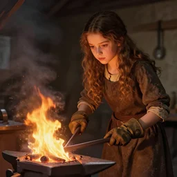 idealistic portrait of a young girl working in a blacksmith's forge, clear eyes, fair skin, beautiful hair, gloves, fantasy art, fire, 8 k digital art, unreal engine, far away, in the style of fra angelico and h. r. giger,