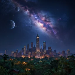 mystic city with nature, fantasy artwork, very beautiful scenery, sky is made up of cosmic stars, there are nebula and planets in the sky, hd, hdr, ue 5, ue 6, unreal engine 5, cinematic 4 k wallpaper, 8 k, ultra detailed, by popular digital, details, beautiful image ever created, high resolution, artstation, award winning