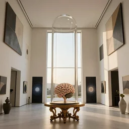 a giant brain in a glass cloche on an ornate table in giant Italian modern castle living room, clean minimalist design, that is 1300 feet tall, with very tall giant walls filled with modern art paintings, doors that are cosmic portals, photo by Annie Leibovitz, golden hour