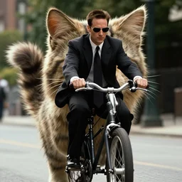 a man in a suit and sunglasses riding a giant kitten in the movie the matrix, movie still
