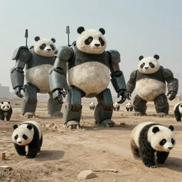 film still of a barren wasteland filled with giant robot pandas, by rupam raaj r., trending on artstation
