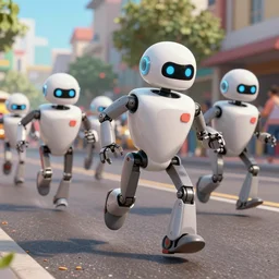 running robots in a marathon, pixar and greg hildebrandt, realism, extreme detail, octane render, artstation