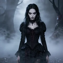 photorealistic full shot portrait of angry darkness anime girl, gothic clothing, worrying eyes, inspired by Tim Burton, detailed, unreal engine 4k volumetric light, fog,