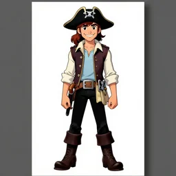 artgerm, joshua middleton comic cover art, pretty pirate ryan ashley smiling, full body, symmetrical eyes, symmetrical face, long curly black hair, on a pirate ship background, warm colors