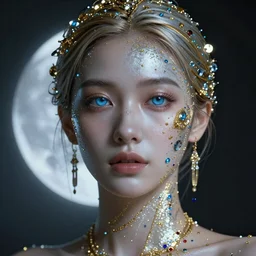portrait of a beautiful futuristic woman layered with high-tech jewelry wrapping around her face and head, blue eyes, golden-silver glow of moonlight with tiny blue, gold, and red gems scattered like dust